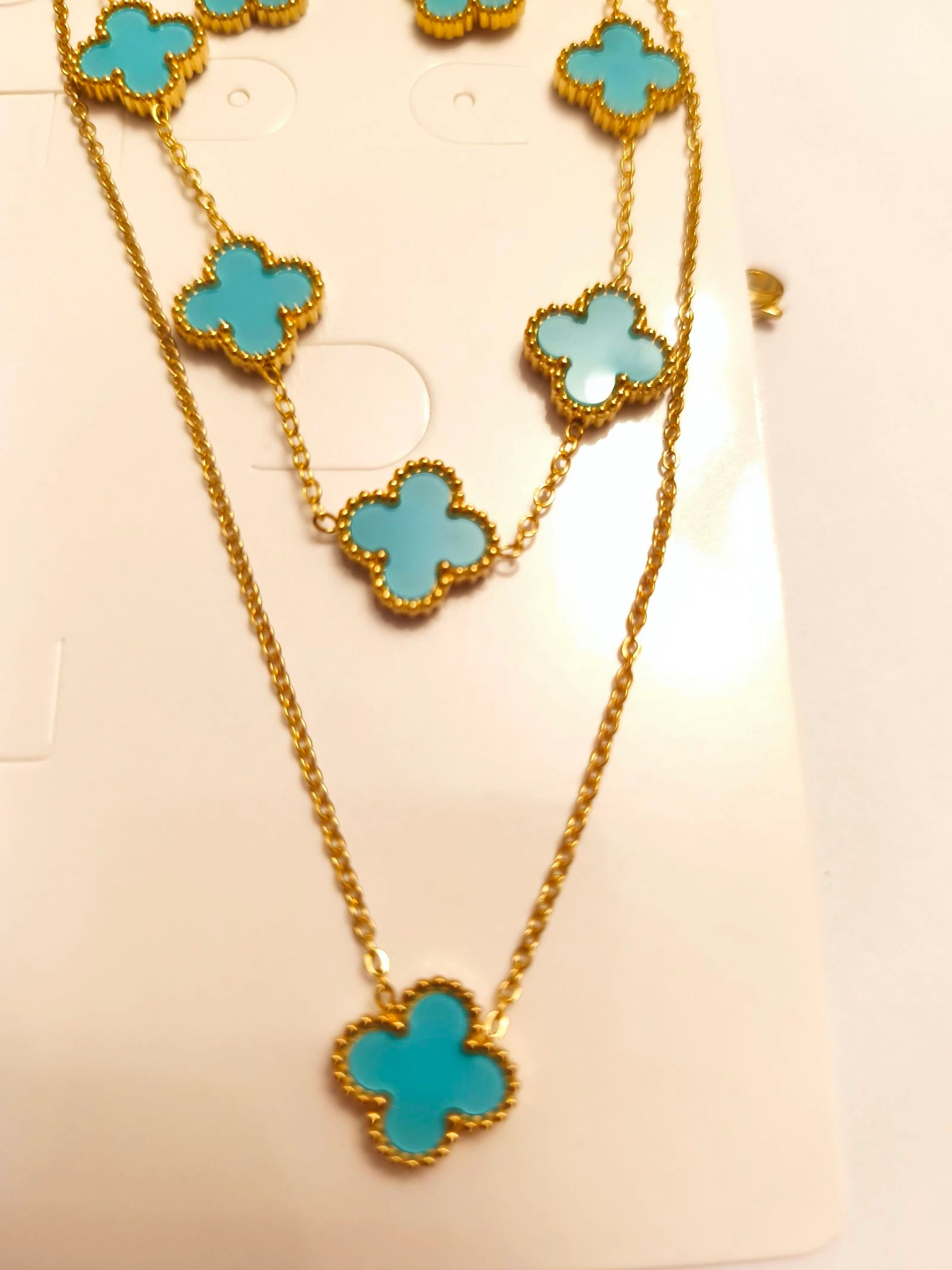 Conjunto de gargantilha pulseira e brincos de trevo cor turquesa – photo 5